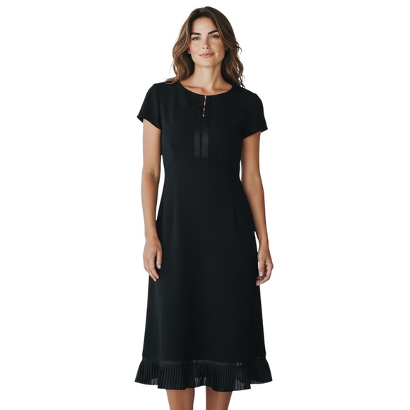 NARCISO RODRIGUEZ BLACK SHORT SLEEVED PLEATED HEM WOOL DRESS - Picture 5 of 5